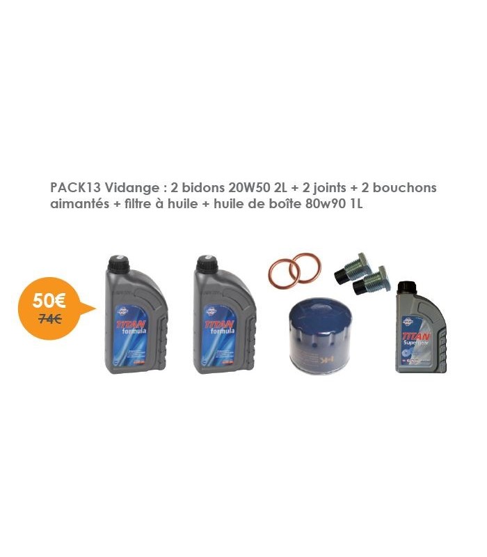 Vidange 2 bidons 20W50 2L + 2 joints + 2 bouchons aimantés + filtre à huile + huile de boîte 80w90 1L Vidange 2 bidons 20W50 2L + 2 joints + 2 bouchons aimantés + filtre à huile + huile de boîte 80w90 1L