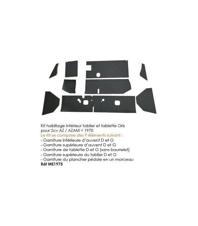kit habillage interieur tablier et tablette gris pour 2cv AZ / AZAM inferieur 1970