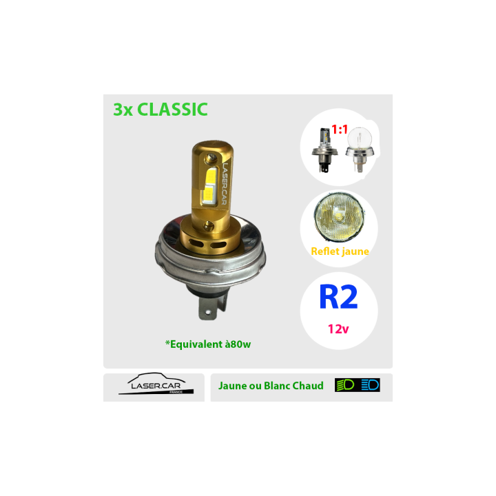 AMPOULES LED R2 CODE EUROPÉEN 100W 12V BLANC CHAUD LA PAIRE